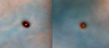 2 Protoplanetare Scheiben im Orion Nebel. Die Protosonne im Zentrum ist bereits gut zu erkennen (Foto NASA und Hubble Heritage Team)