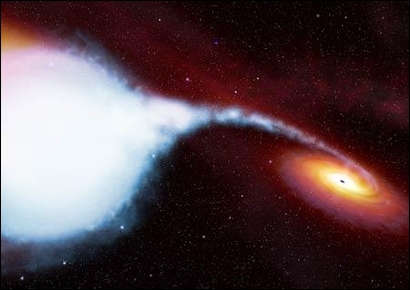 Cygnus X-1 ist ein Schwarzes Loch mit der fünffachen Masse unserer Sonne. Es ist "nur" 10 000 Lichtjahre von der Erde entfernt und verschlingt einen nahen Stern (Zeichnung ESA)