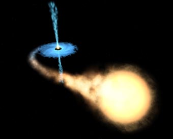 Ein "Schwarzes Loch" saugt von einem Nachbarstern Materie ab. Zwei blaue Gasjets schießen in den Weltraum hinaus (Zeichnung ESA, NASA und F. Mirabel (CEA))